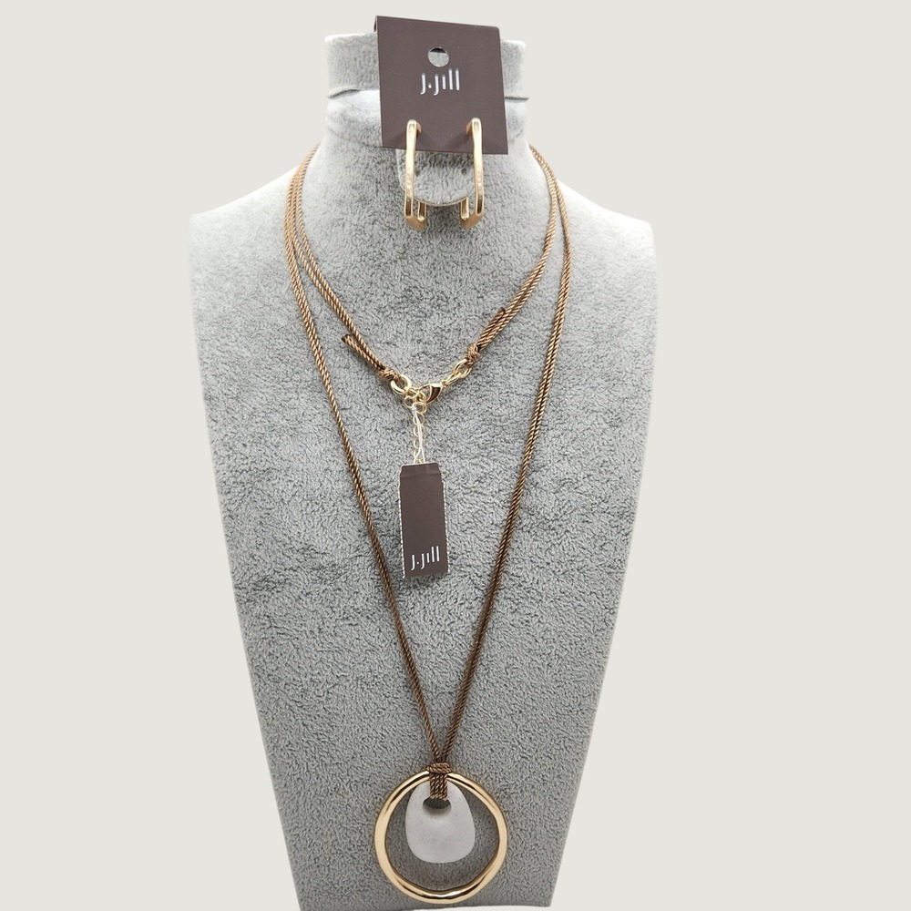 Modernist Mate Gold Tone Stone Pendant Necklace & Square Hoop Earrings Set